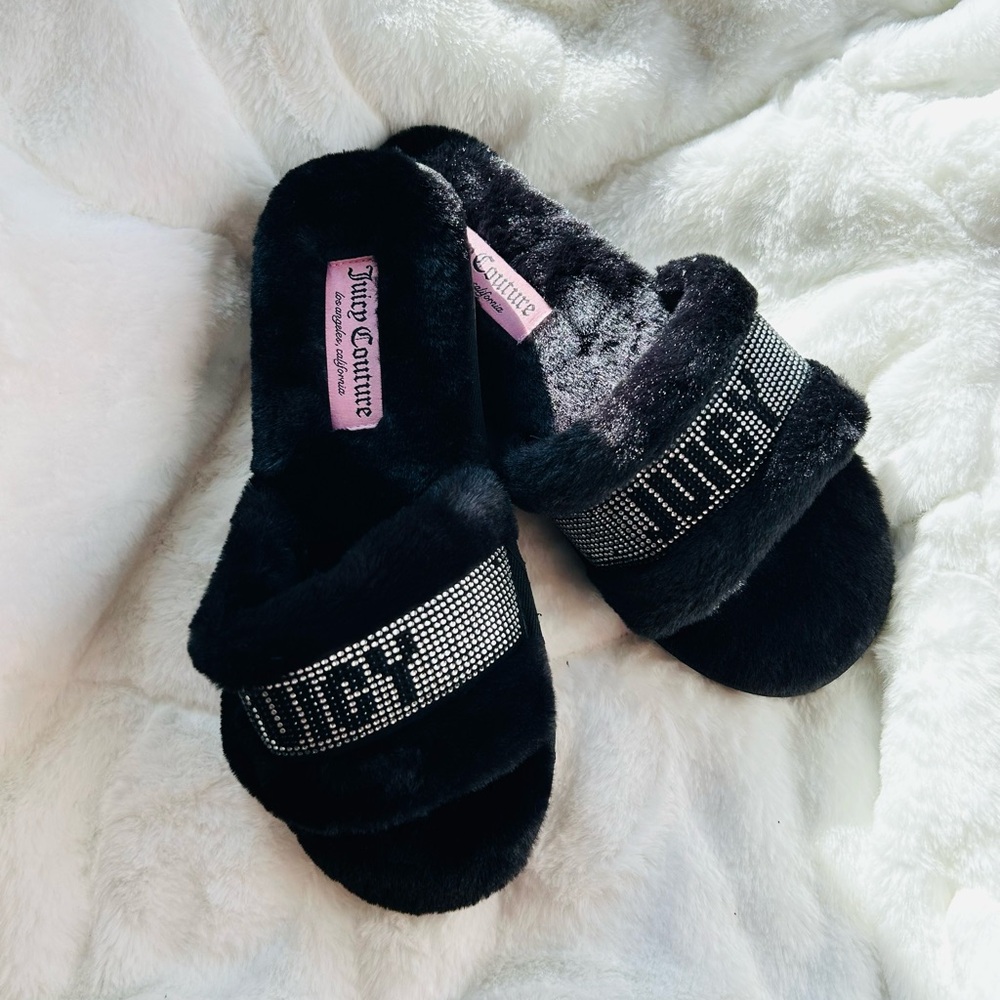 Juicy Couture Black Plush Slides with Silver Accents